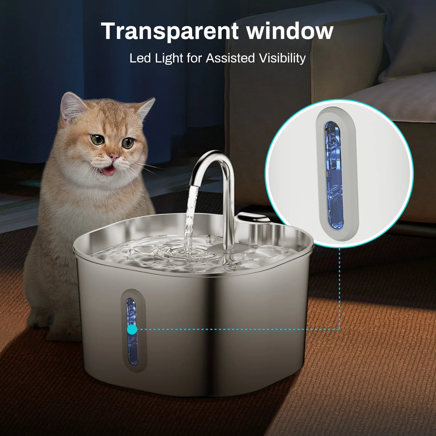 2.2L Stainless Steel Automatic Cat Water Fountain - Stylish Square Design for Pets with Window (No 5V 1A Plug)