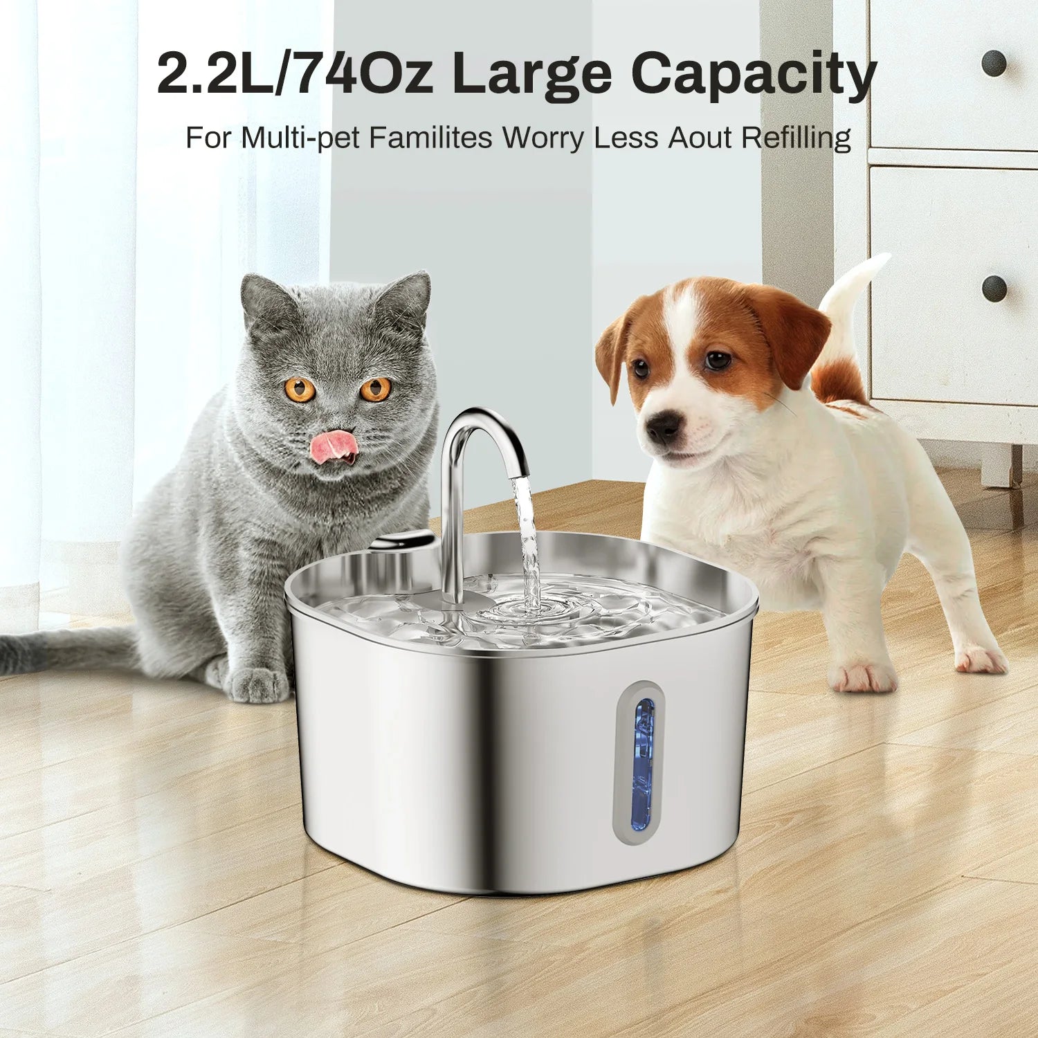 2.2L Stainless Steel Automatic Cat Water Fountain - Stylish Square Design for Pets with Window (No 5V 1A Plug)